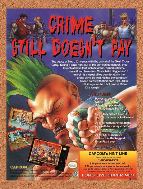 1995 Final Fight 3 SNES Original Advertisement / Retro Wall Art v1