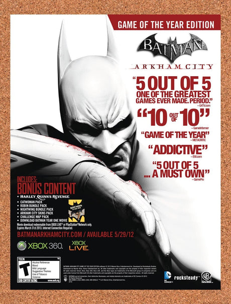 2012 Batman Arkham City Xbox 360 Original Advertisement / Retro Wall Art v1