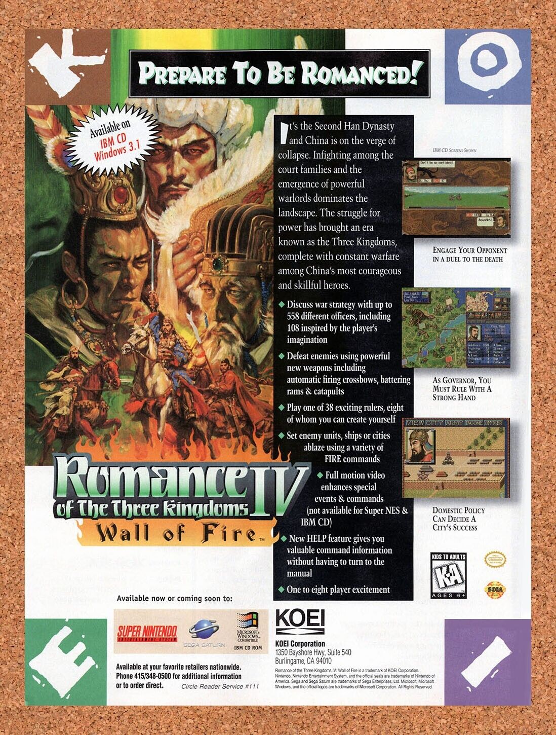 Romance Of The Three Kingdoms IV Wall Of Fire PC Original 1995 Vintage Ad