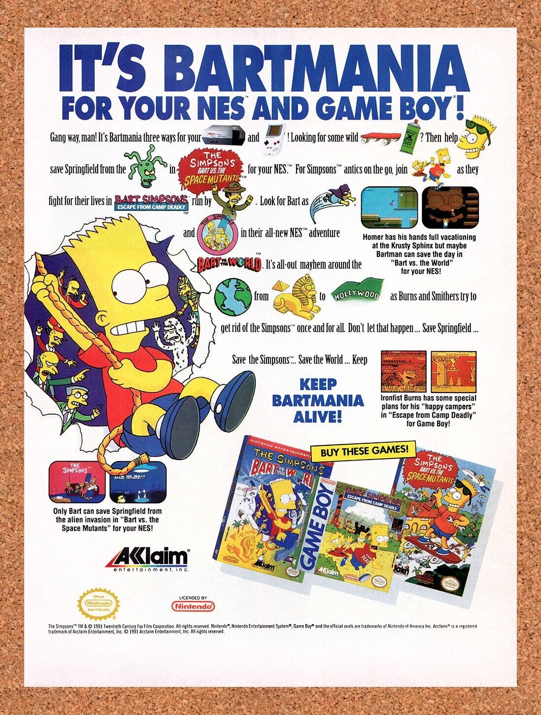 1991 Bart Vs The World NES Original Advertisement / Retro Wall Art v2