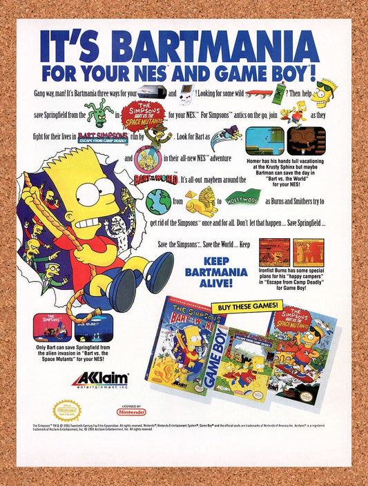 1991 Bart Vs The World NES Original Advertisement / Retro Wall Art v2