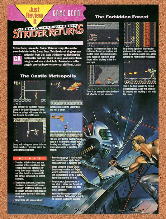 1992 Strider Returns Game Gear Original Advertisement / Retro Wall Art v1