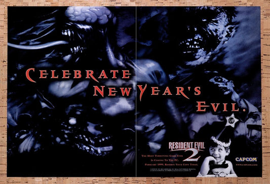 1998 Resident Evil 2 PC Original Advertisement / Retro Wall Art v7