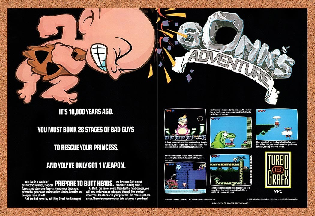 1990 Bonk's Adventure TurboGrafx-16 Original Advertisement / Retro Promo v2