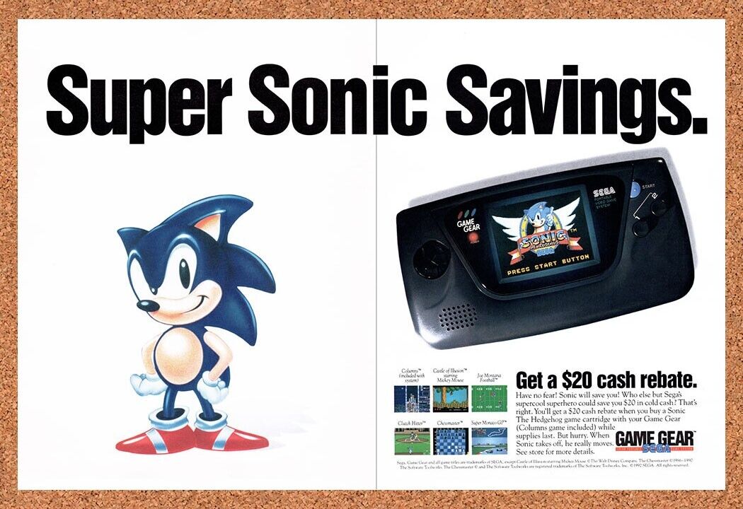 1991 Sega Game Gear Super Sonic Savings Original Advertisement / Retro Wall Art