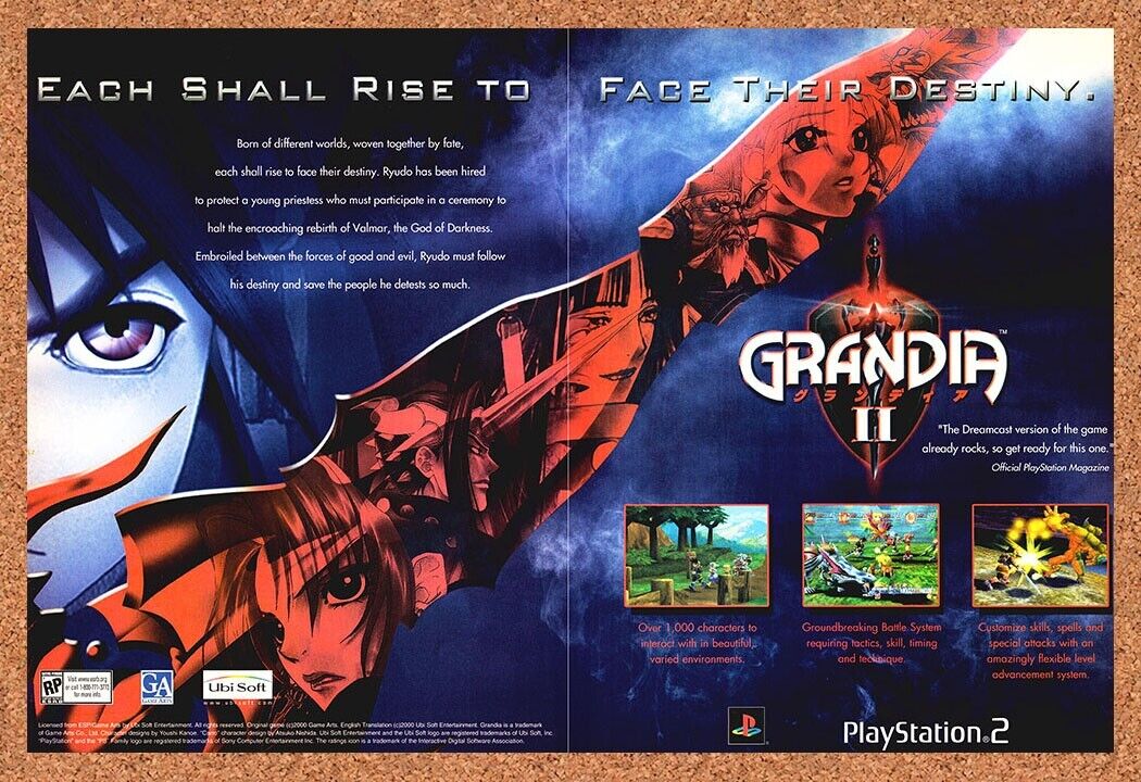 Grandia II PS2 Original 2000 Print Ad Authentic JRPG Video Game Wall Art Promo