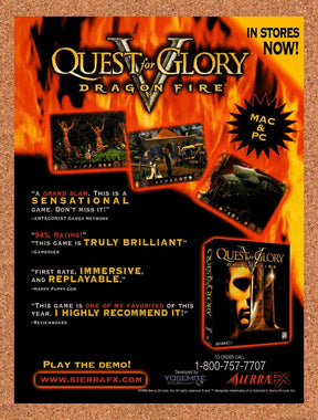 1999 Quest For Glory V Dragon Fire PC Original Advertisement / Retro Promo v2