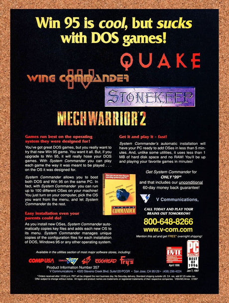 System Commander Original 1999 Ad Authentic Windows DOS Emulate Video Game Promo