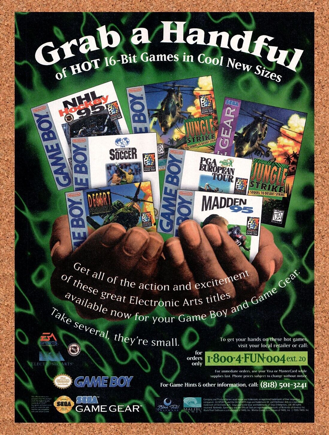 1995 Electronic Arts Game Boy Game Gear Games Original Ad / Retro Wall Art v1