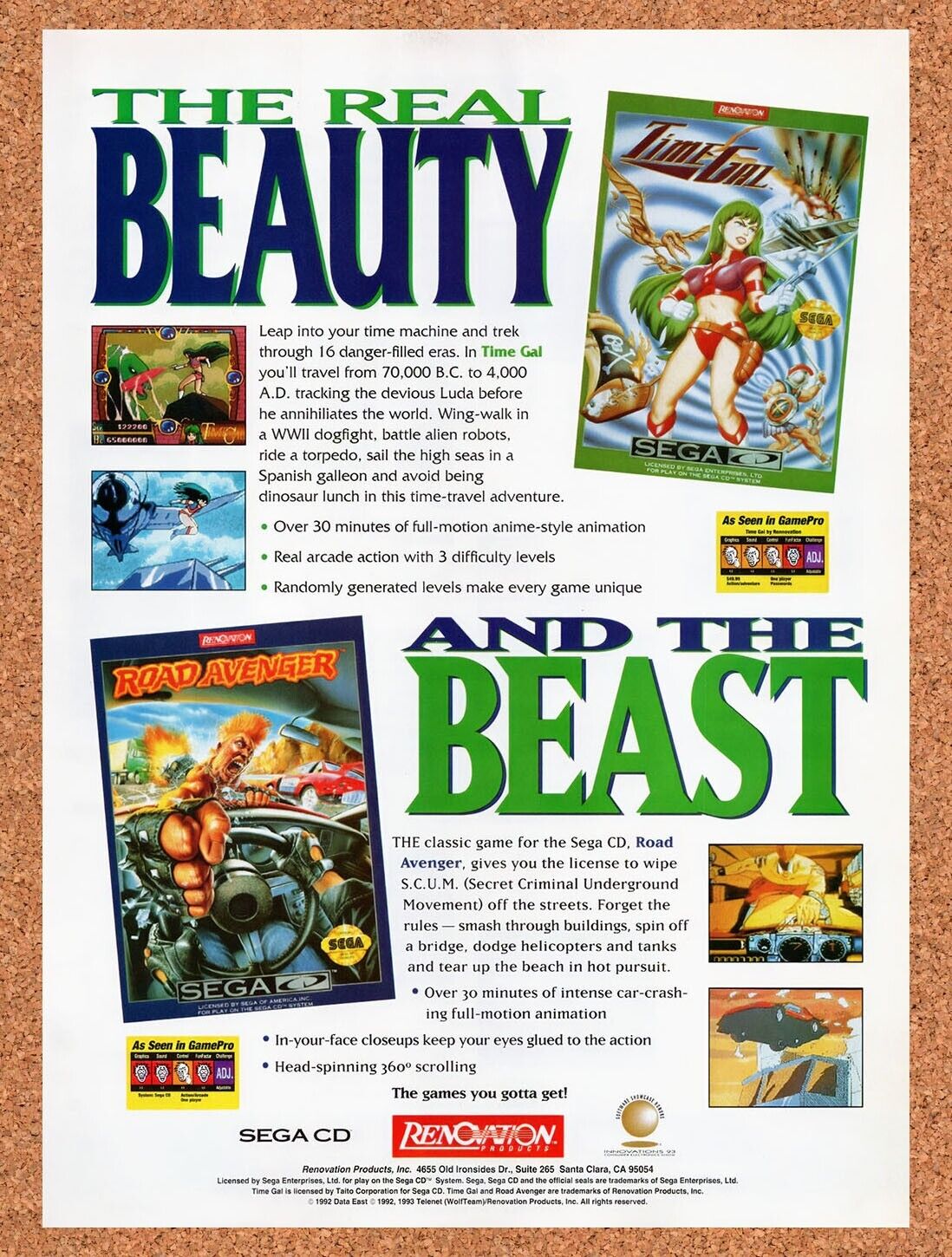 1993 Renovation Sega CD Games Time Gal Original Ad / Retro Wall Art v4