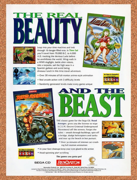 1993 Renovation Sega CD Games Time Gal Original Ad / Retro Wall Art v4