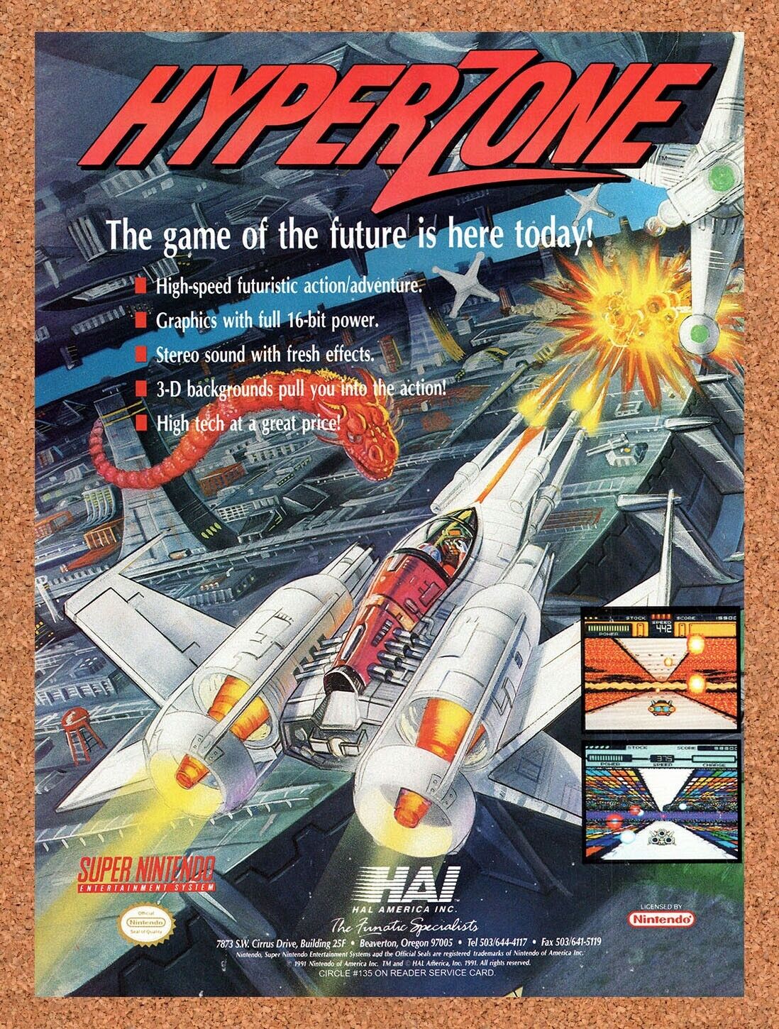 1991 HyperZone SNES Original Advertisement / Retro Wall Art v1
