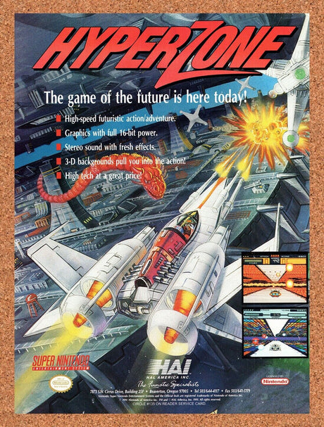 1991 HyperZone SNES Original Advertisement / Retro Wall Art v1