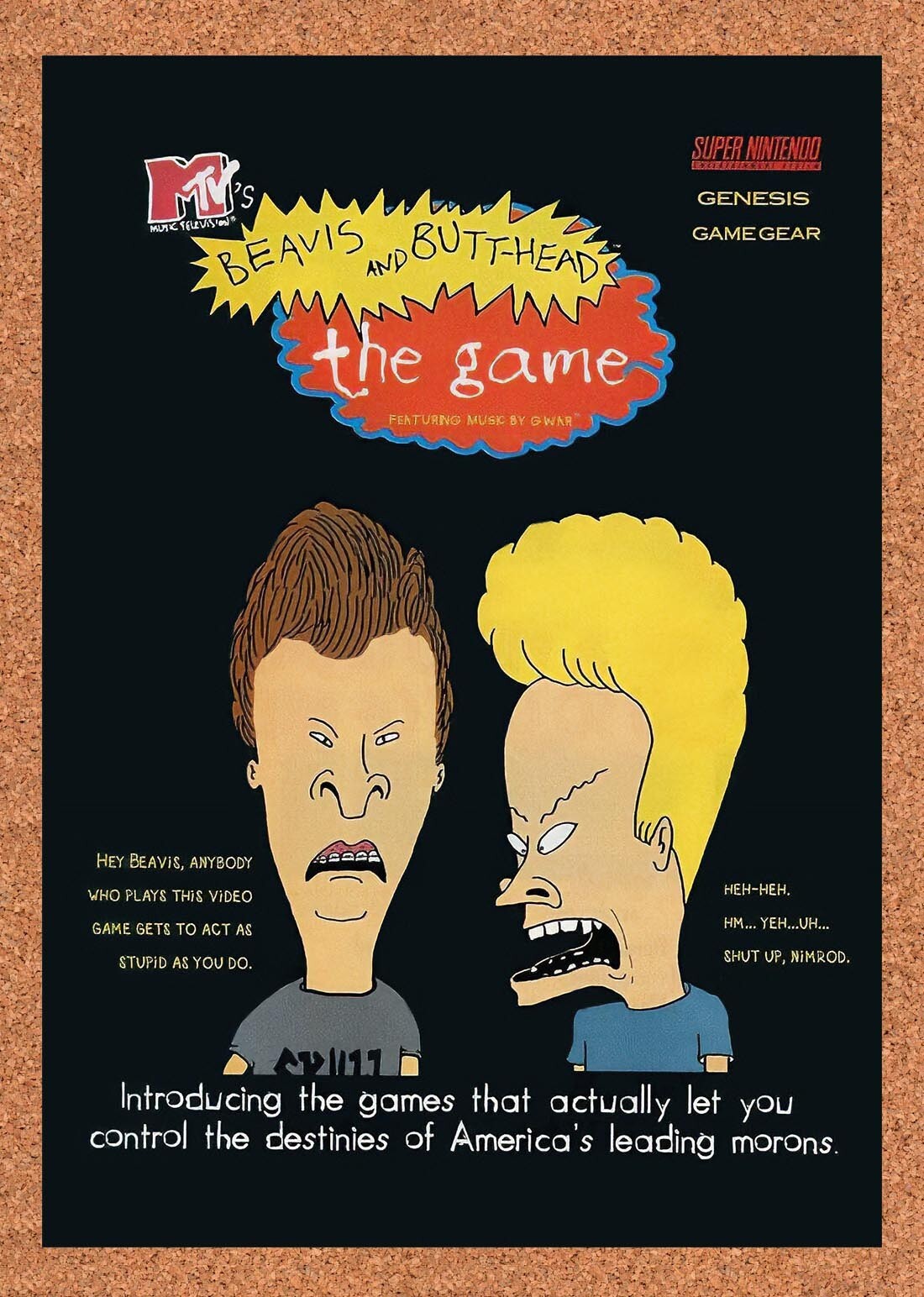 1993 Beavis & Butthead The Game SNES Original Advertisement / Retro Wall Art v1