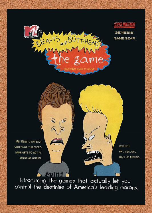 1993 Beavis & Butthead The Game SNES Original Advertisement / Retro Wall Art v1