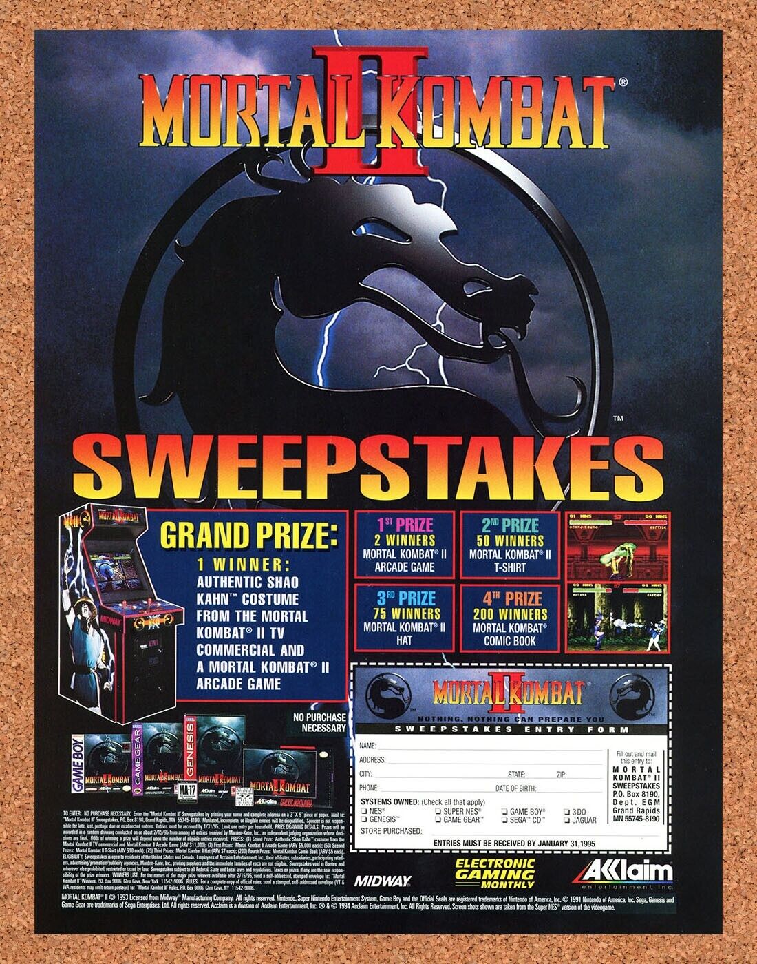 Mortal Kombat II SNES Original 1993 Ad Authentic Video Game Sweepstakes Promo