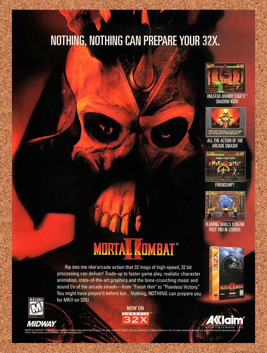 1994 Mortal Kombat II Sega 32x Original Advertisement / Retro Wall Art v8