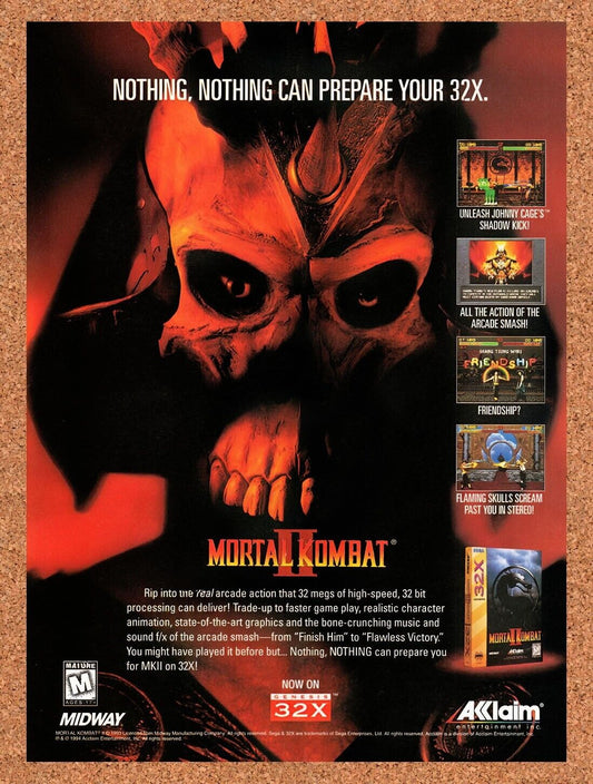 1994 Mortal Kombat II Sega 32x Original Advertisement / Retro Wall Art v8