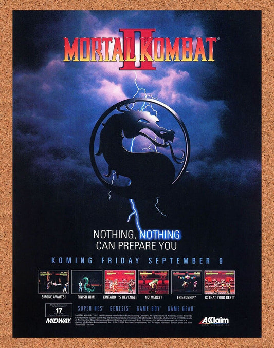 Mortal Kombat II SNES Original 1993 Print Ad Authentic Arcade Video Game Promo