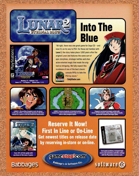 Lunar 2 Eternal Blue PS1 Original 2001 Vintage Ad - Babbages GameStop Promo