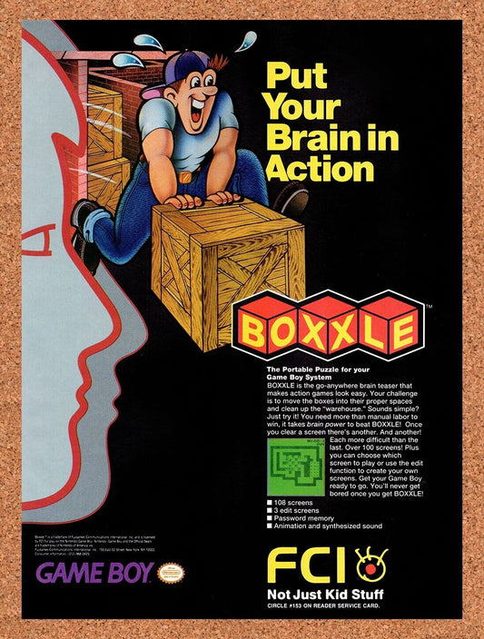 1988 Boxxle Game Boy Original Advertisement / Retro Wall Art v1
