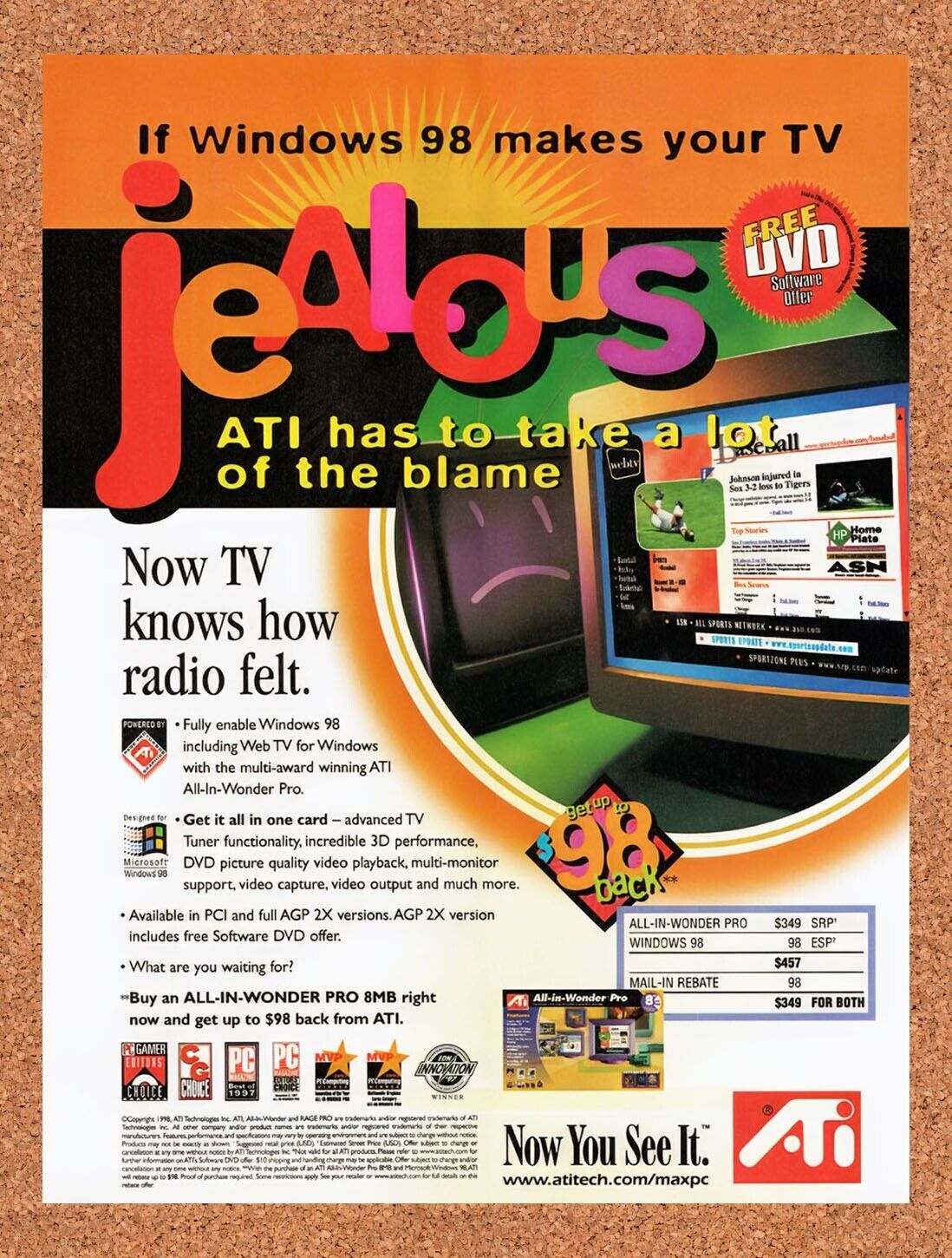 1998 ATI All-In-Wonder Pro 8MB Original Advertisement / Retro Wall Art v1