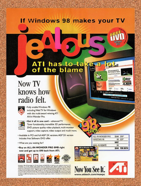 1998 ATI All-In-Wonder Pro 8MB Original Advertisement / Retro Wall Art v1