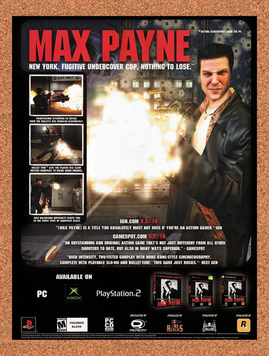 2000 Max Payne PS2 Original Advertisement / Retro Wall Art v10