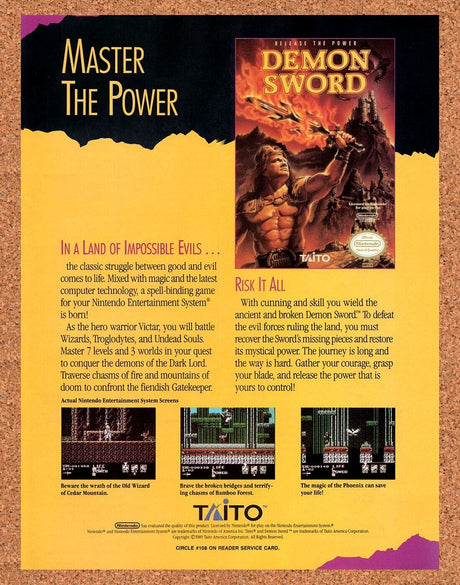Demon Sword NES Original 1990 Vintage Ad - Taito Video Game Promo