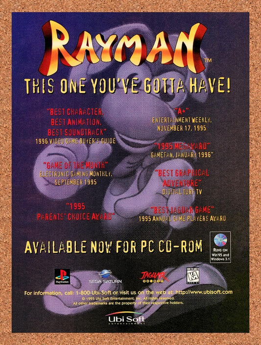 1995 Rayman PS1 Original Advertisement / Retro Wall Art v8