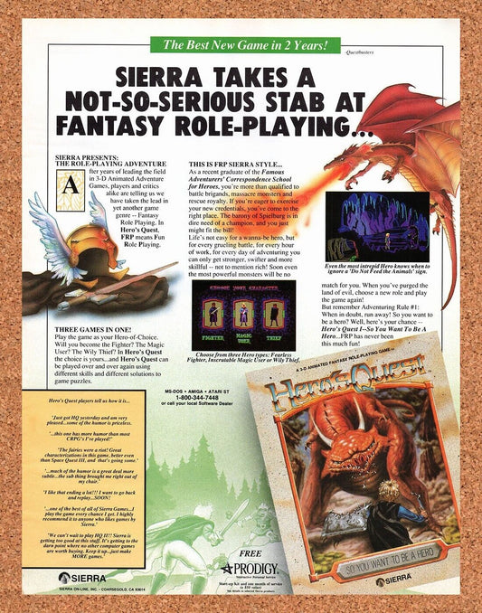 Hero's Quest Amiga Original 1989 Vintage Ad - Sierra RPG Video Game Promo