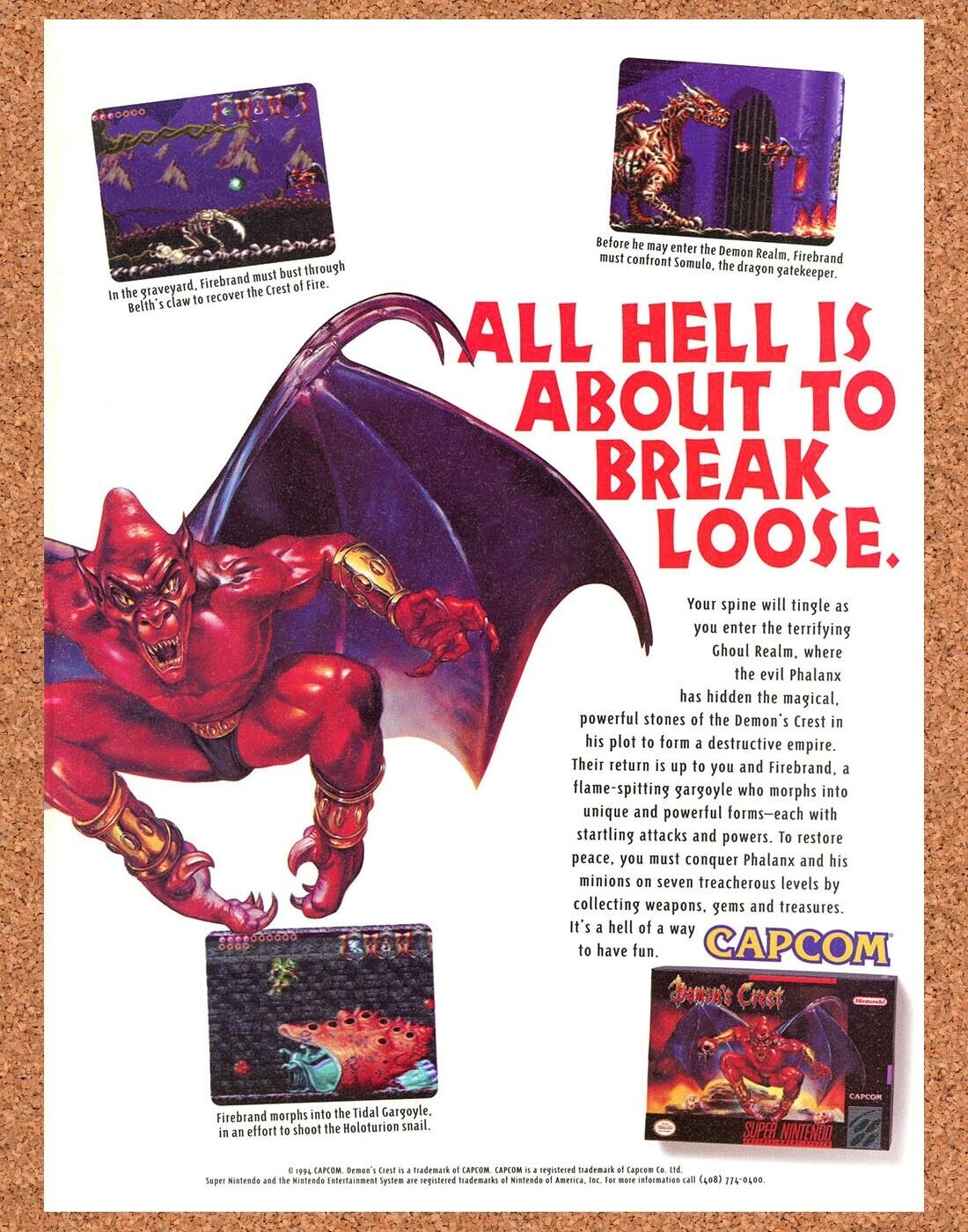 Demons Crest SNES Original 1994 Print Ad Authentic Capcom Video Game Art Promo