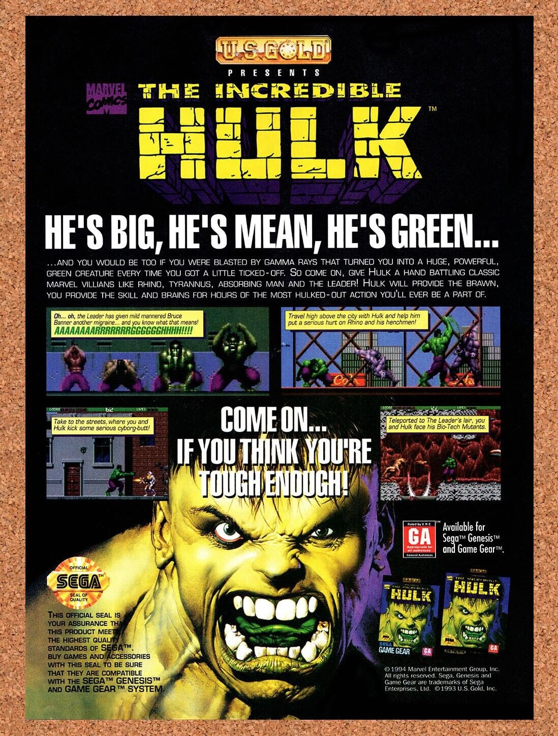 The Incredible Hulk Genesis Original 1994 Vintage Ad - Video Game Promo