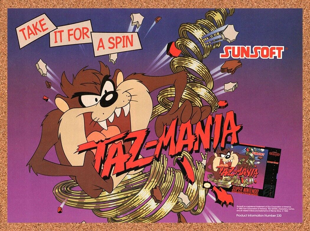 1992 Taz-Mania SNES Original Advertisement / Retro Wall Art v1