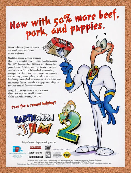 1995 Earthworm Jim 2 Genesis Original Advertisement / Retro Wall Art v1