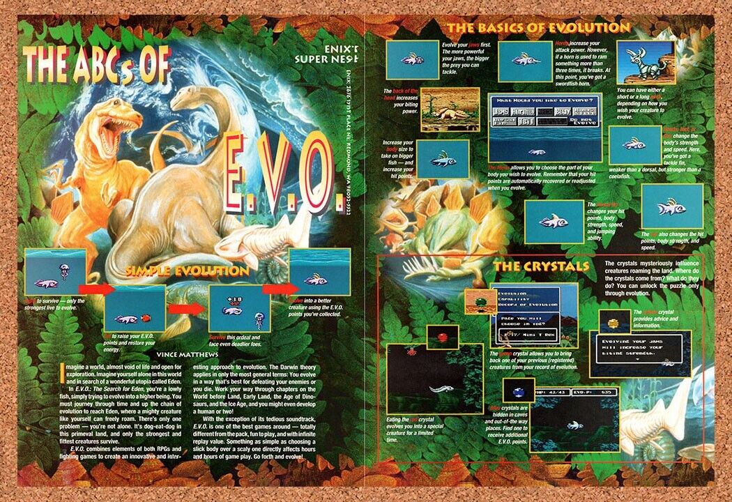 1993 E.V.O. SNES Original Advertisement / Retro Wall Art v1