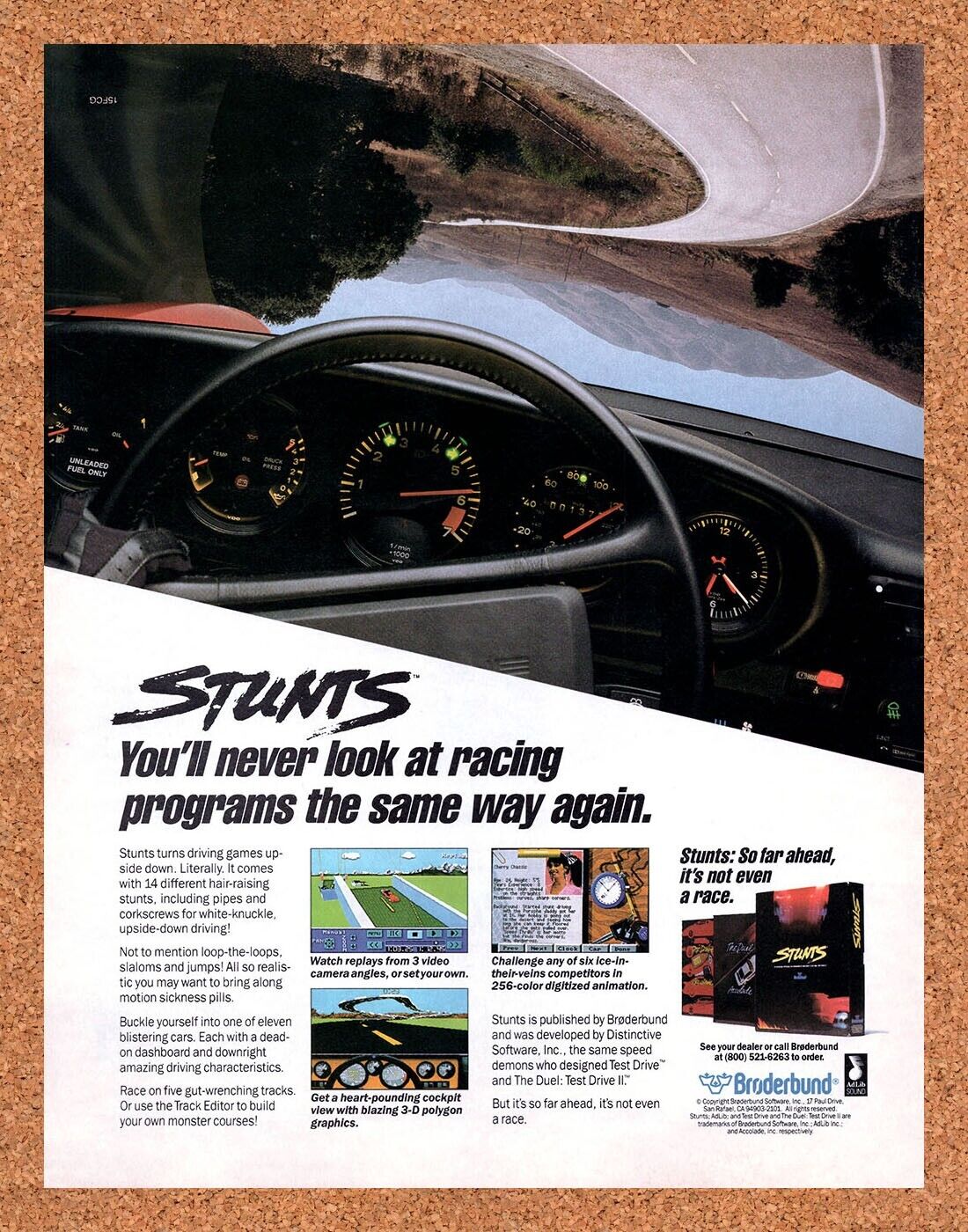Stunts PC Original 1991 Vintage Ad - Early Racing Video Game Promo