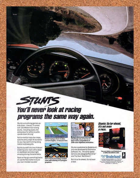 Stunts PC Original 1991 Vintage Ad - Early Racing Video Game Promo