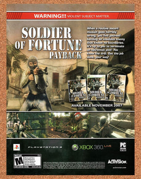 Soldier Of Fortune Payback PC Original 2007 Vintage Ad - Video Game Promo