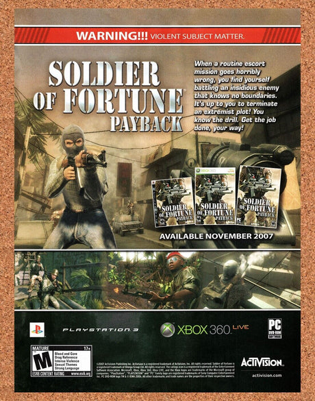 Soldier Of Fortune Payback PC Original 2007 Vintage Ad - Video Game Promo
