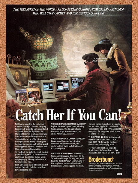 1989 Carmen Sandiego Commodore 64 Games Original Ad / Retro Wall Art v2