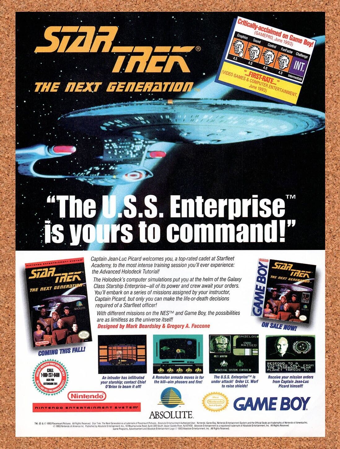 1992 Star Trek The Next Generation Game Boy Original Ad / Retro Wall Art v1