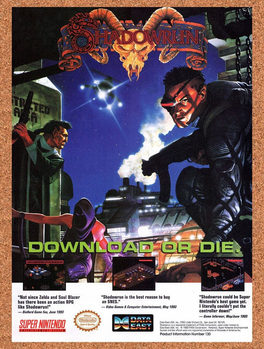 1992 Shadowrun SNES Original Advertisement / Retro Wall Art v8