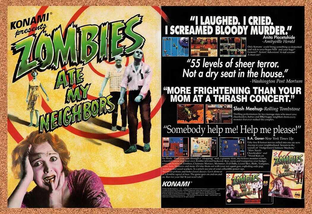 1993 Zombies Ate My Neighbors SNES Original Advertisement / Retro Wall Art v4
