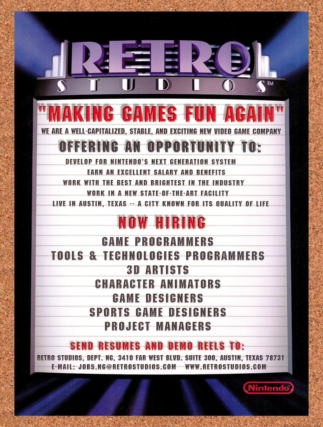 1999 Nintendo Retro Studios Is Hiring Original Advertisement / Retro Promo v1