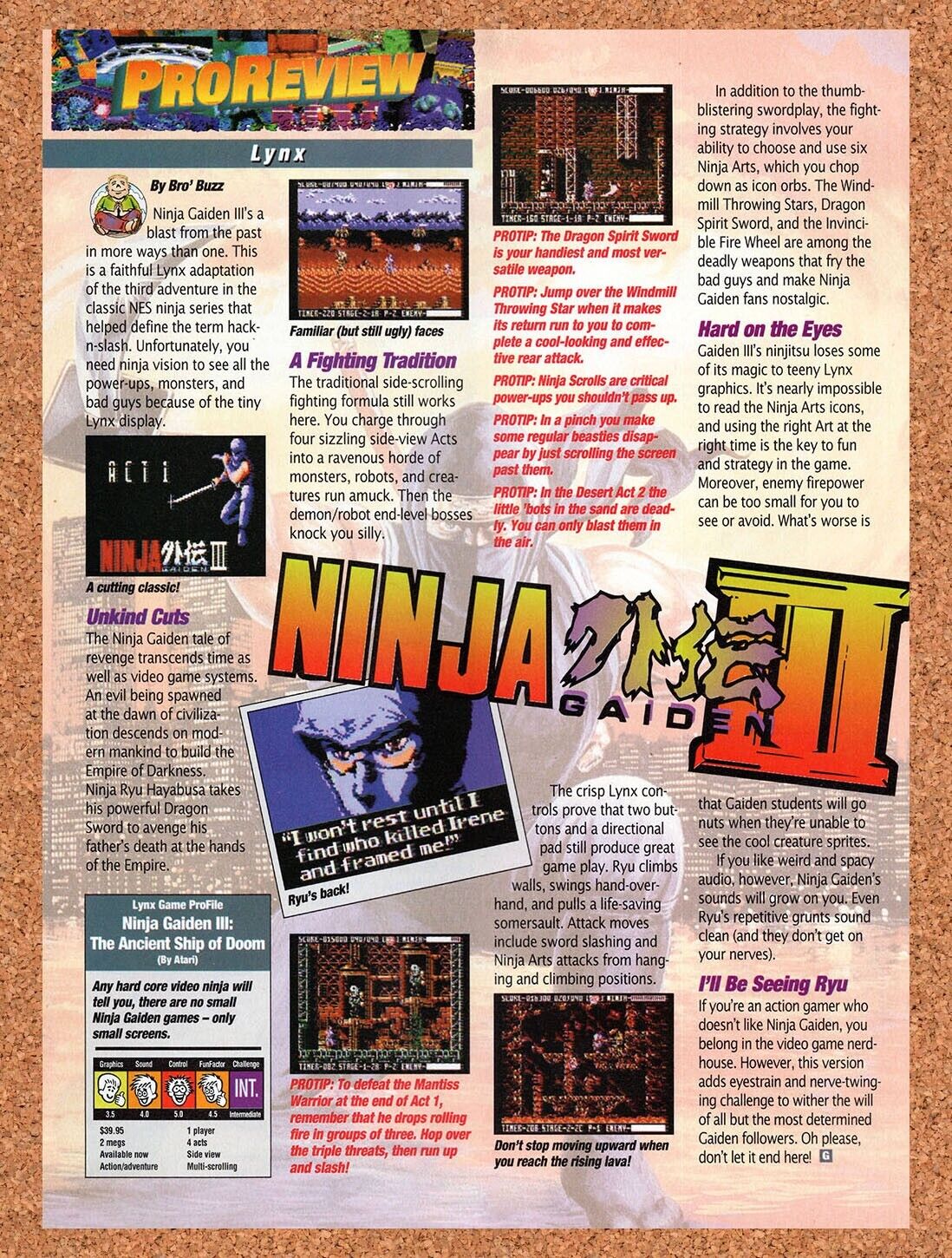 1993 Ninja Gaiden III Lynx Original Advertisement / Retro Wall Art v1