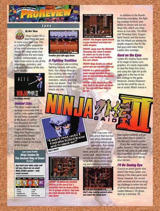 1993 Ninja Gaiden III Lynx Original Advertisement / Retro Wall Art v1