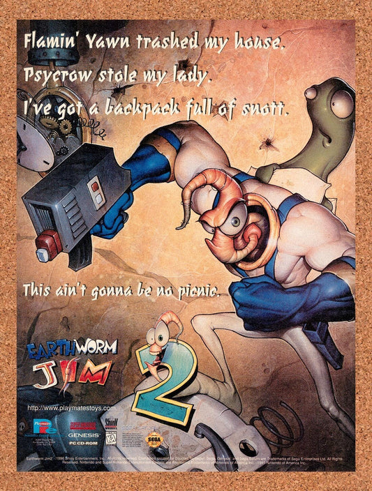 1995 Earthworm Jim 2 Genesis Original Advertisement / Retro Wall Art v3