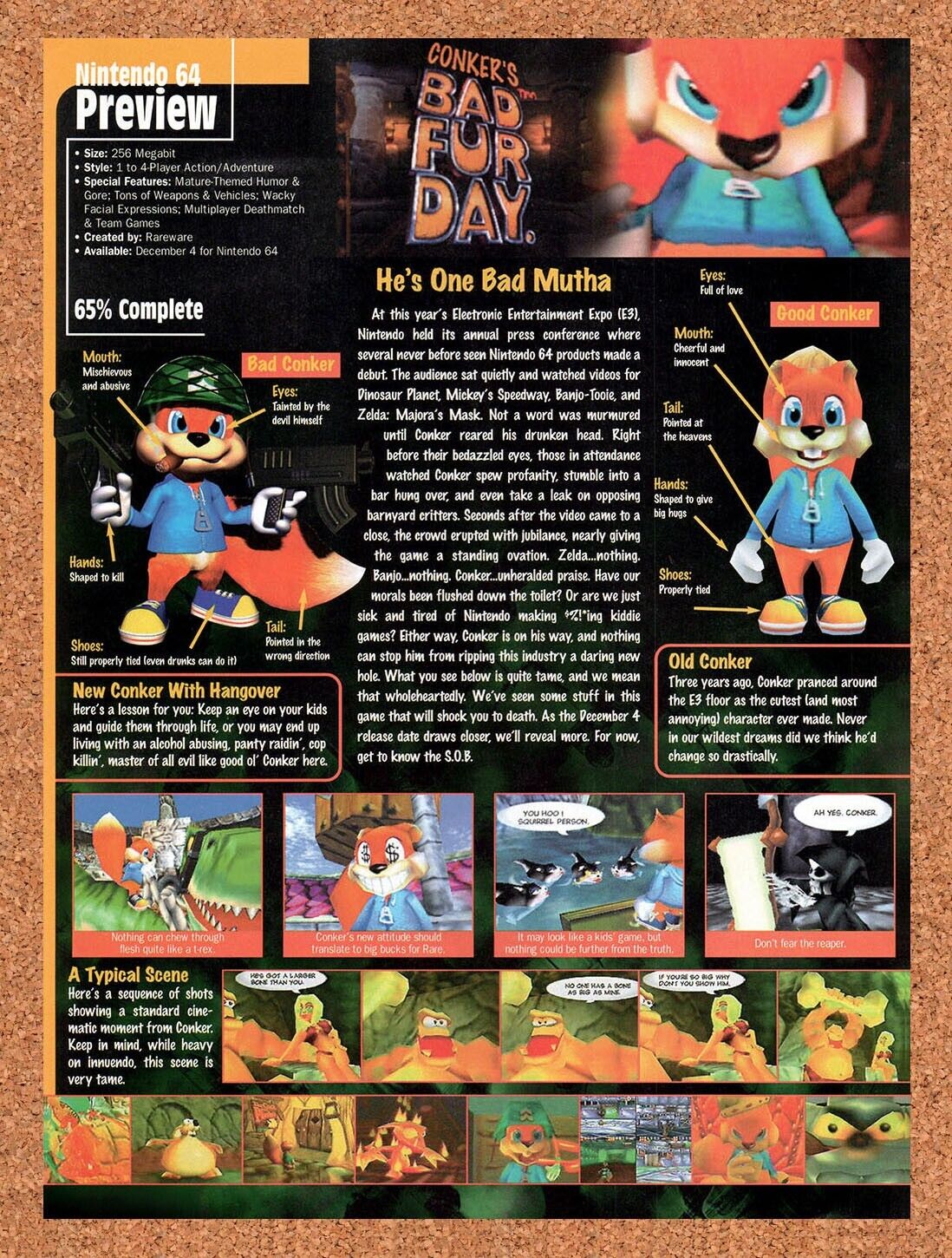 Conker's Bad fur Day N64 Original 1999 Vintage Ad - Video Game Preview Promo