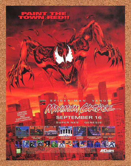 Maximum Carnage SNES Original 1993 Ad Authentic Spider-Man Video Game Art Promo